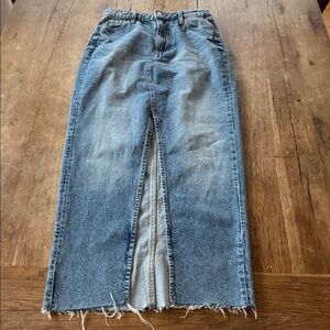 & Denim High Waisted Front Slit Midi Denim Blue Jean Skirt Raw Hem